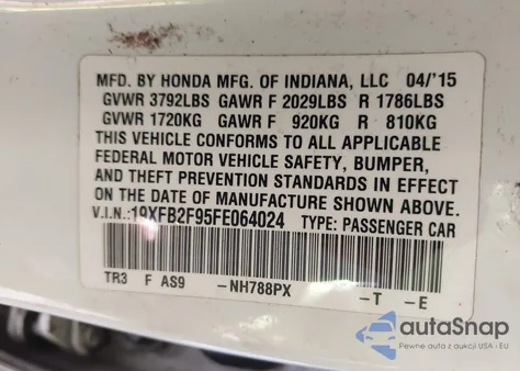 2015 Honda Civic Ex-L z USA, uszkodzony, nr VIN 19XFB2F95FE064024